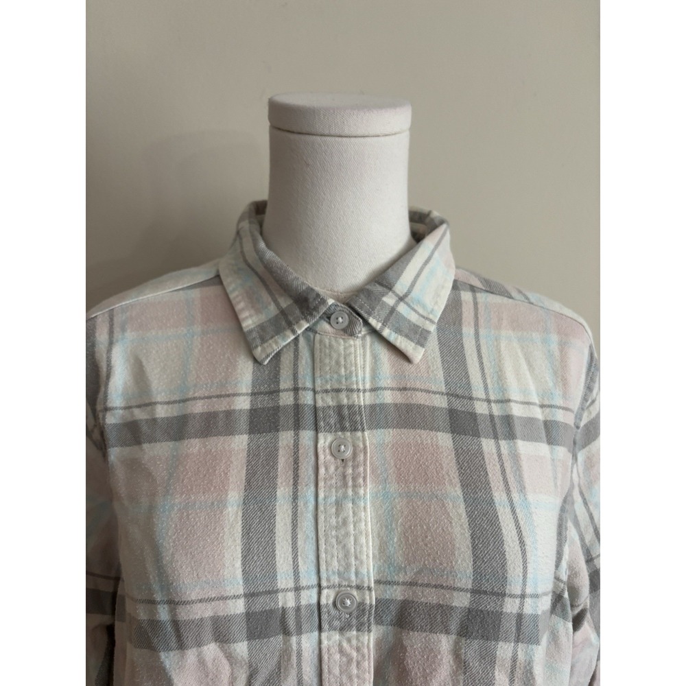Lands End Flannel Shirt Womens XL 18W Cotton Outdoor Cream Blue Classic Casual - Picture 2 of 8